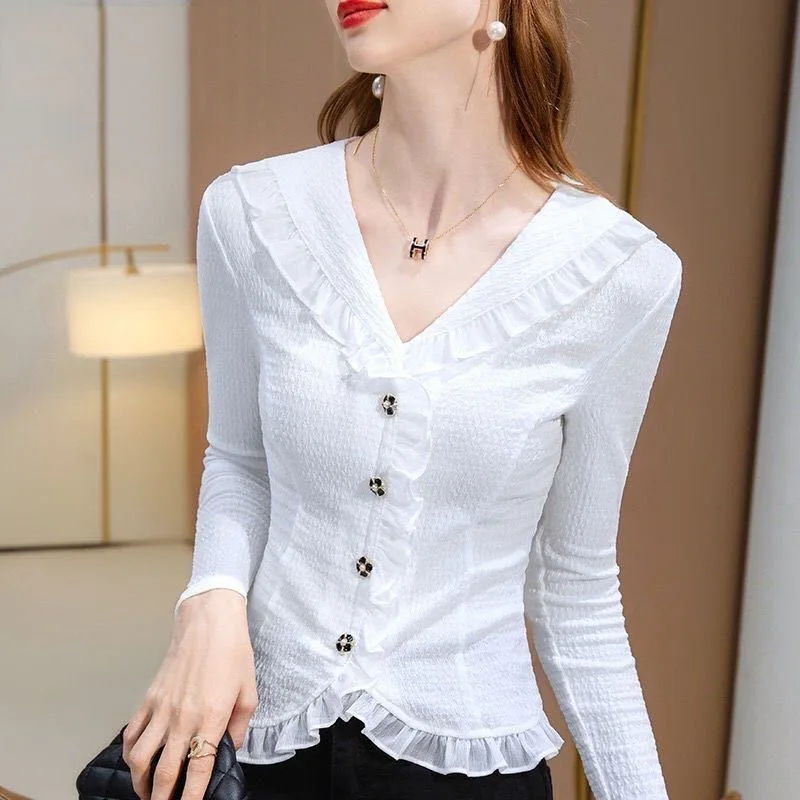 

Woman Spring Autumn Style Mesh Blouses Shirts Lady Casual Long Sleeve V-Neck Solid Color Blusas Tops DD9466