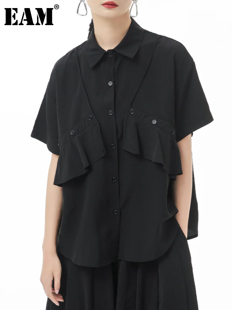 

[EAM] Women Black Ruffles Big Size Casual Blouse New Lapel Short Sleeve Loose Fit Shirt Fashion Tide Spring Summer 2022 1DE7683
