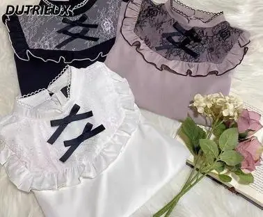 

Rojita Shirts Girl Sweet Cute Bow Lace Ruffled Blouse Versatile Long Sleeve Underwear Shirt Slimming Sweet Lolita Blusas Tops