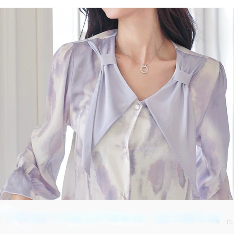 Pajamas for Women's Spring and Summer Tie-dye Bow Long-sleeved Home Service Suit High-end Comfortable Casual and Soft Sleepwear