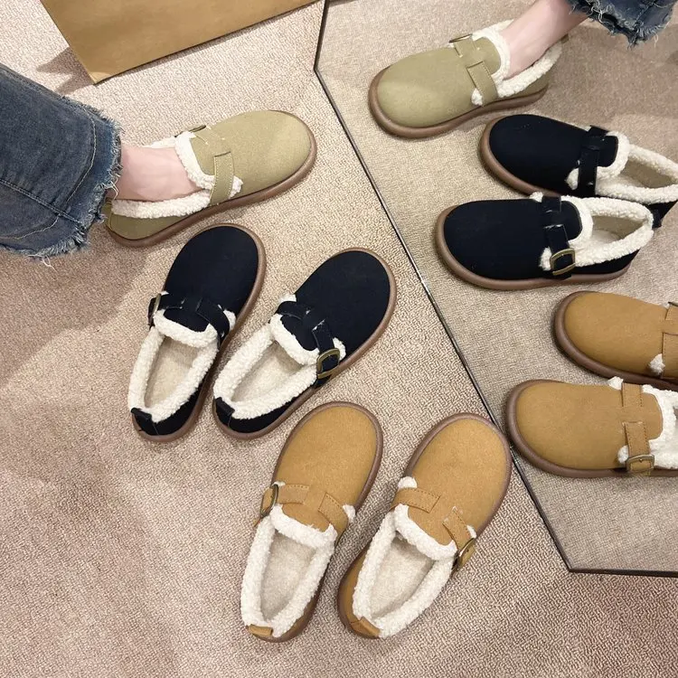 

Shoes Woman Flats Round Toe Casual Female Sneakers Slip-on Loafers Fur Dress Winter Retro Slip on New Lace-Up Rubber Flock