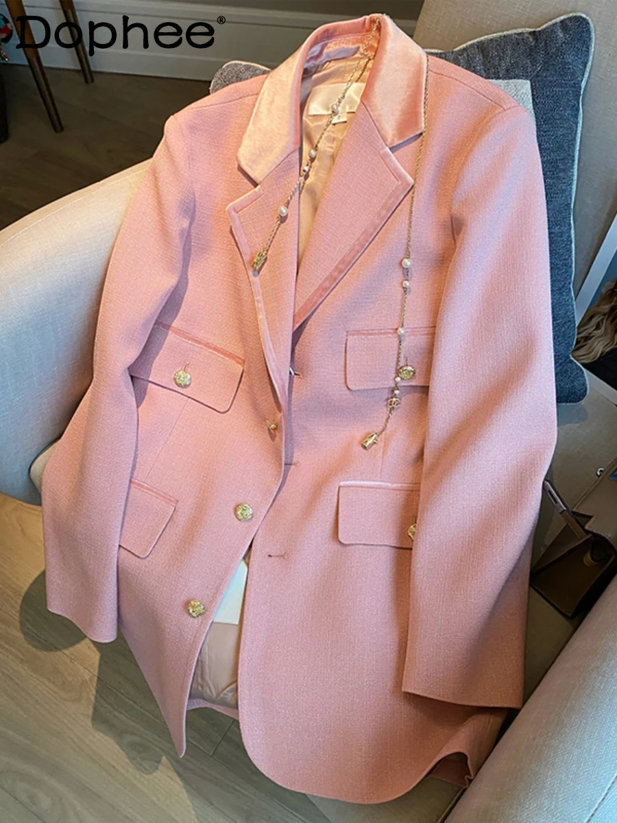 

2022 Autumn Winter Heavy-Duty Velvet Pink Suit Jacket for Women Losoe Slimming 4xl Fashion Stitching Single-Breasted Blazer Coat