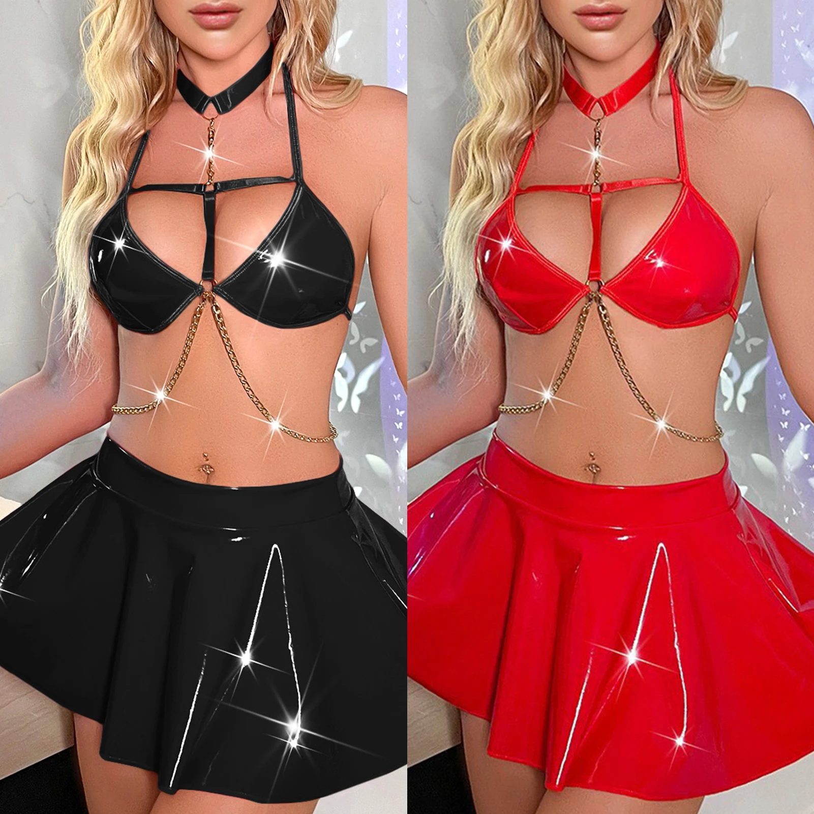 

Women Naughty Lingerie Set Lace Up Short Skirt Bikini Set with T Pants Headwear Hollow Out Sling Bra Skirt for Seductive Nights