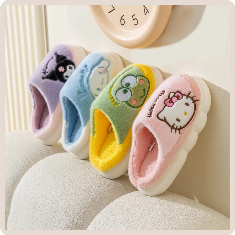 

Sanrios Kawaii Kuromi утолщенные хлопковые туфли Hello Kittys домашние осенне-зимние домашние тапочки для родителей и детей в стиле пары мультфильмов