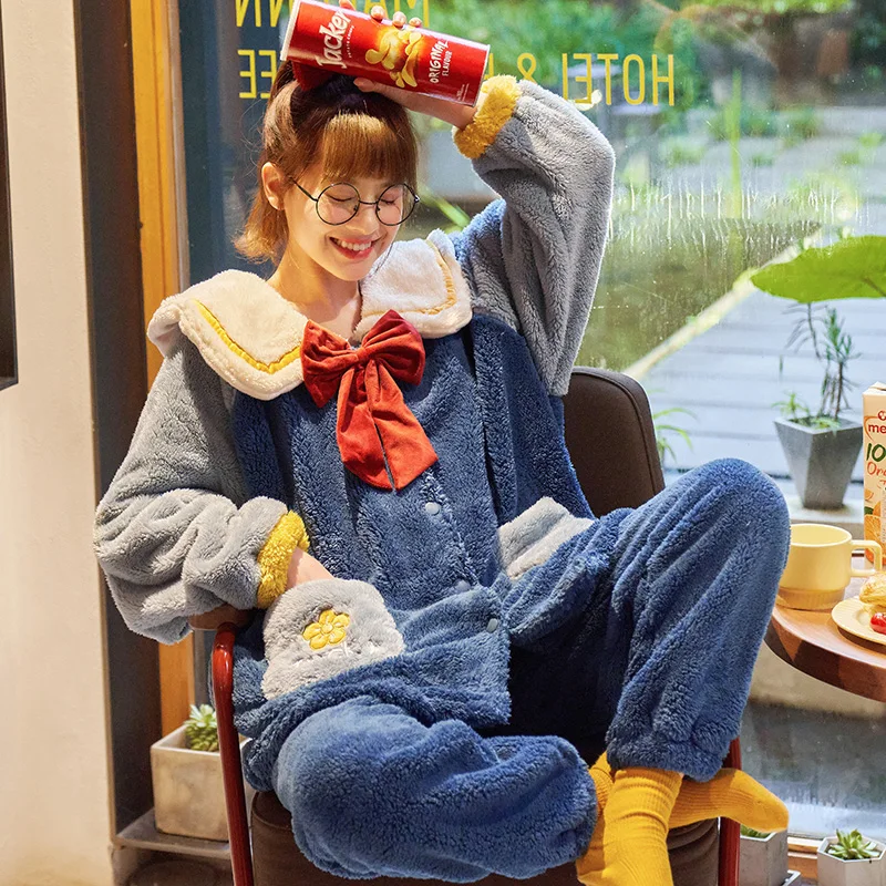 Winter Pajamas Keep Warm Princess Style Plus Size Loose Version Coral Fleece Inspissate Nighty Women Sleepwear Pajama Set