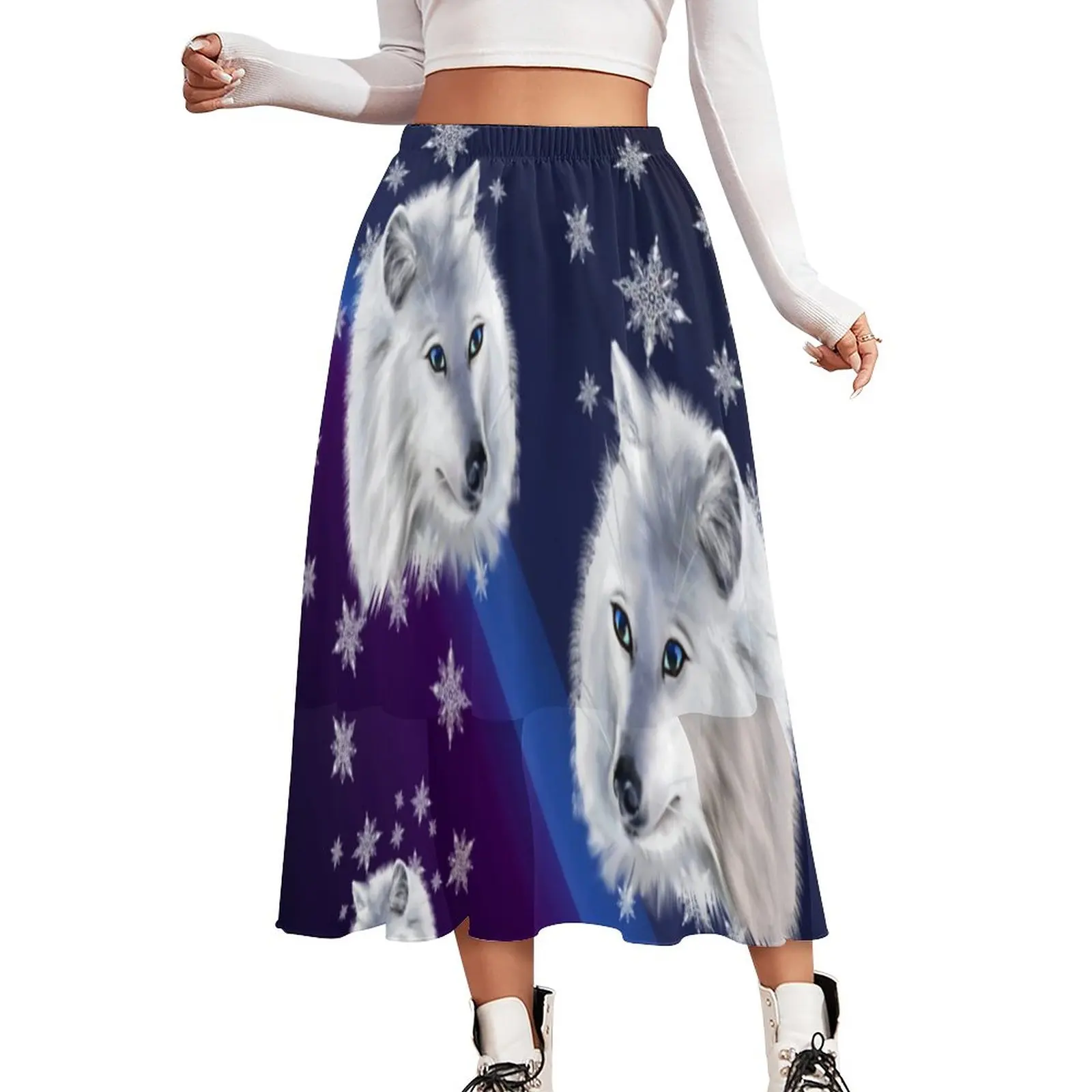 

Винтажная юбка в стиле бохо, шифоновая трапециевидная юбка Белого Волка с принтом снега, с эластичным поясом, в уличном стиле, большие размеры, на лето