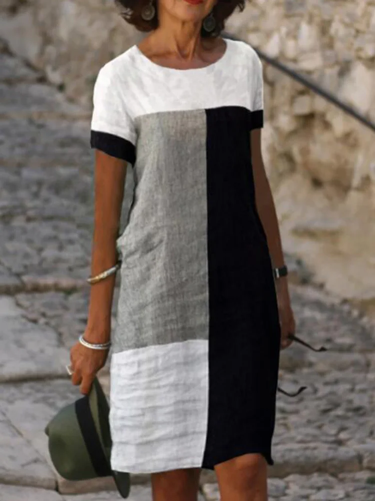 

Spring Summer New Loose Straight Dress Women Office Fashion Plaid Print Round Neck Short Sleeve Dress Casual Holiday Party Dress
