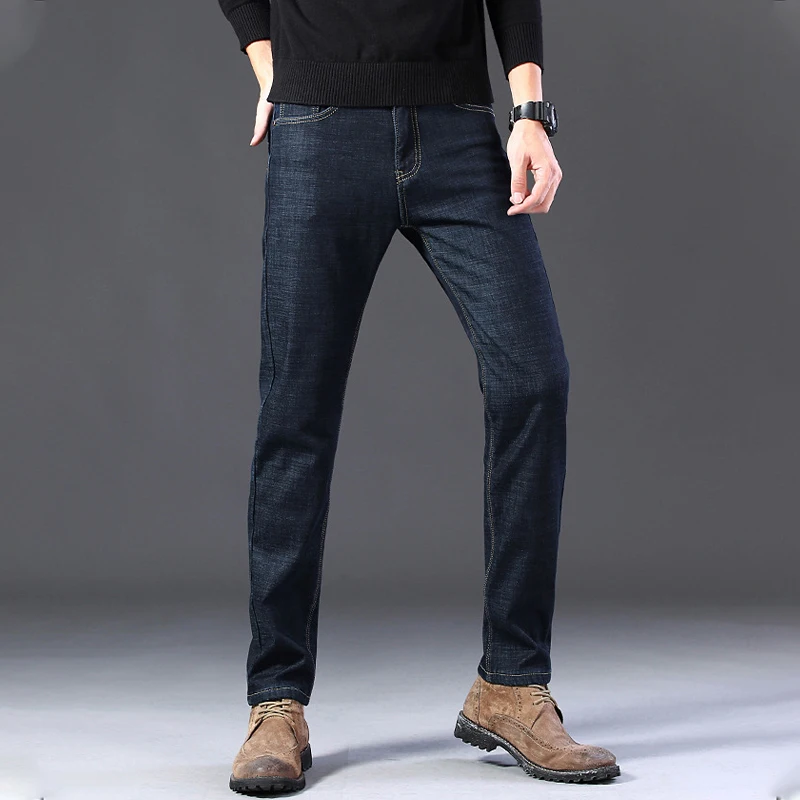 2022 Winter New Men's Warm Jeans Balck Fashion Business Thicken Denim Trouser Blue Stretch Slim Fleece Jeans Man