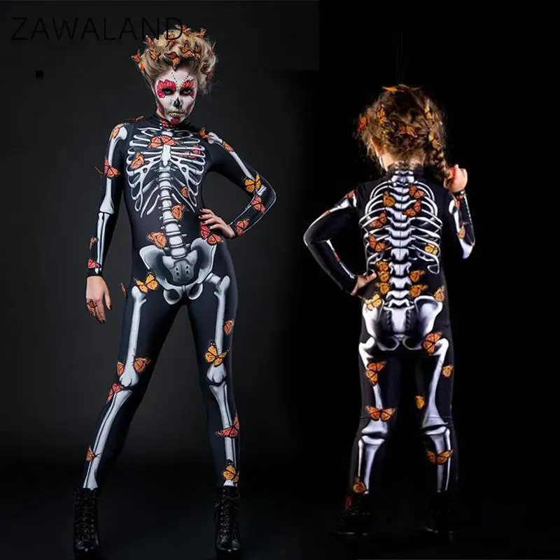 

Zawaland Halloween Party Costume Parent-Child Print Long-Sleeved Skeleton Jumpsuit Cosplay Costume Spandex Bodysuit