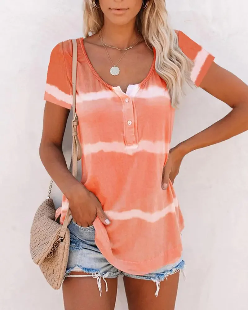 

2022 Summer New Women's Striped T-shirt Hugh V-neck Top Tie Dyed Printed Short Sleeved Top Casual Comfortable Versatile T-shirt
