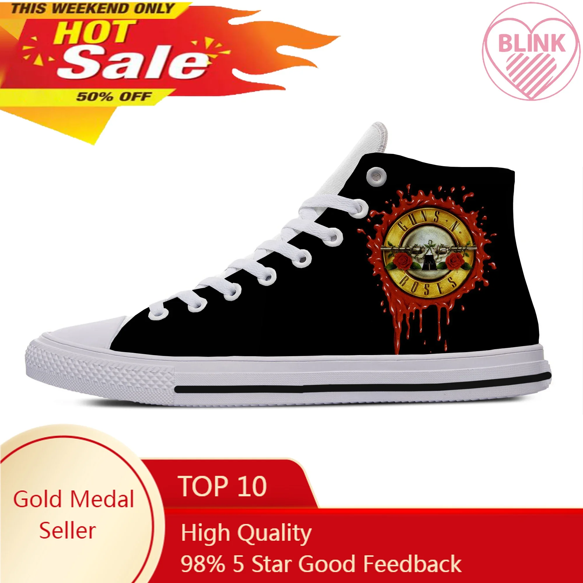

Hot New Brand Men Guns N Roses Bullet Logo Women Black Lightweight Eathable Canvas Shoes Leisure Shoes High Top Board Shoes