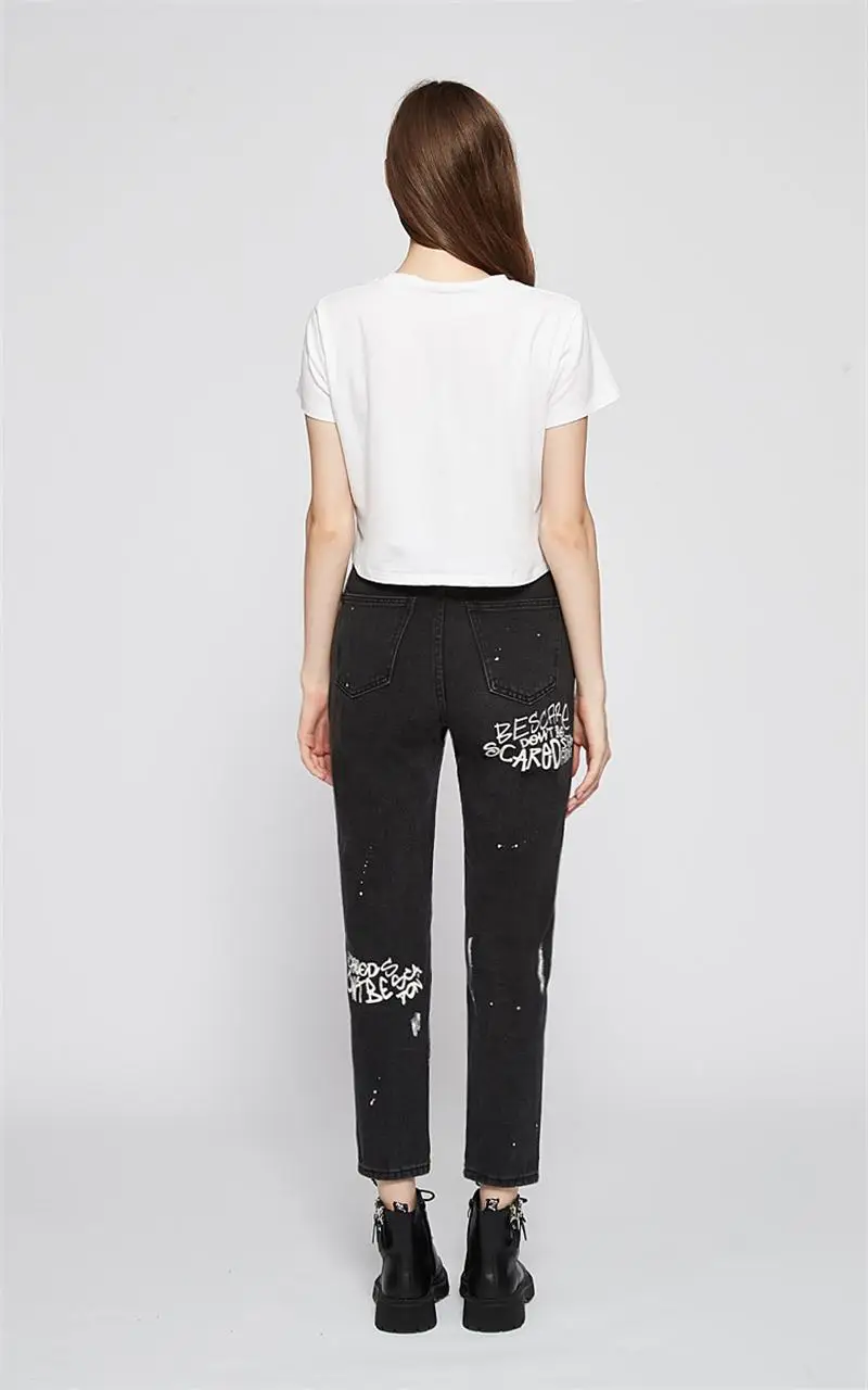 Spring and Autumn Hot Sale Ladies Black Jeans Personality Letter Print Ripped Hole Straight Cross Pants Hot Pants