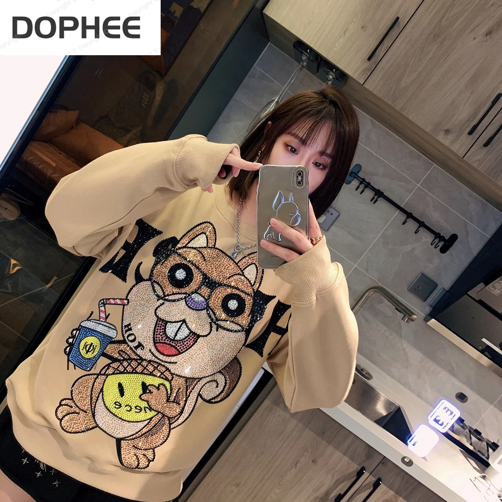 Unisex Hot Drilling Women Sweatshirt 2022 New Autumn Round Neck Loose Casual Pullover Top Squirrel Streetwear Long Sleeve Hoodie