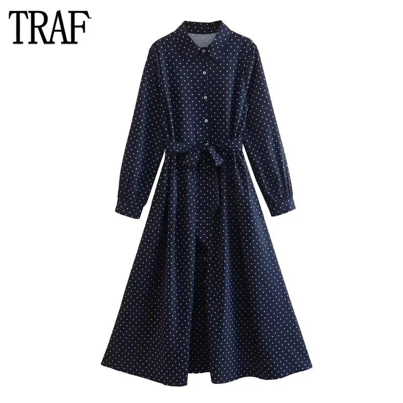 

TRAF Polka Dot Shirt Dress Woman Blue Belt Long Dress Women Winter Office Maxi Dresses for Women 2023 Long Sleeve Collared Dress