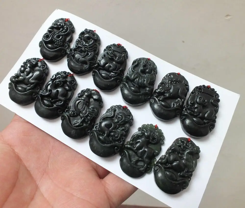 

12Pc Chinese Black Obsidian Jade Handcarved Chinese Zodiac Pendant Necklace