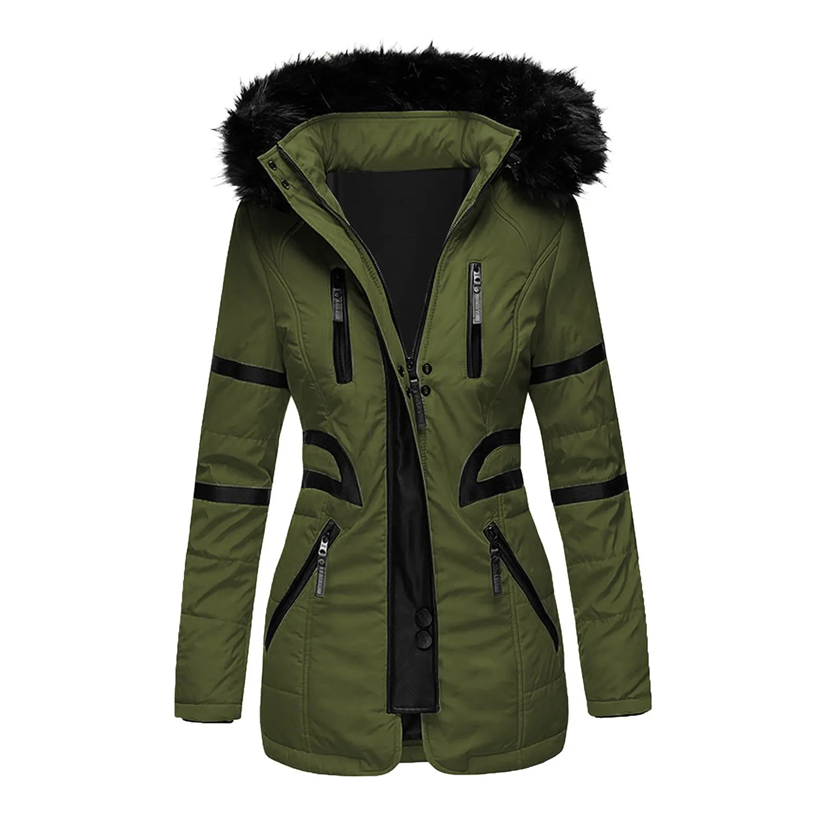 New contrasting color zipper with large fur collar for three-dimensional slimming, casual and warm cotton clothes for women