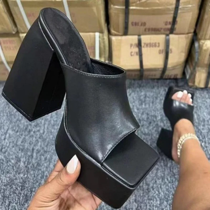 

Oversize Slippers Women's High Heels Fashion Print 2022 Summer New Square Root Open Toe Sandals High Heels Women's Shoes sandals