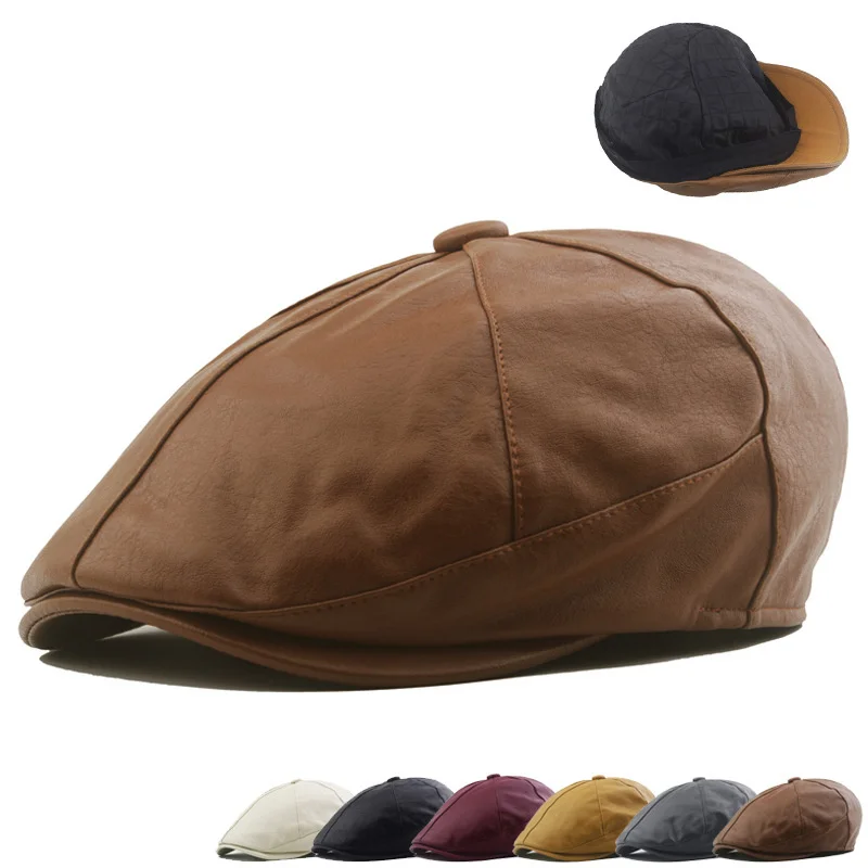 

PU Leather Men's Cap with Cotton Warm Octagonal Hat British Retro Newsboy Forward Hat Young and Middle-aged Leather Women's Hats
