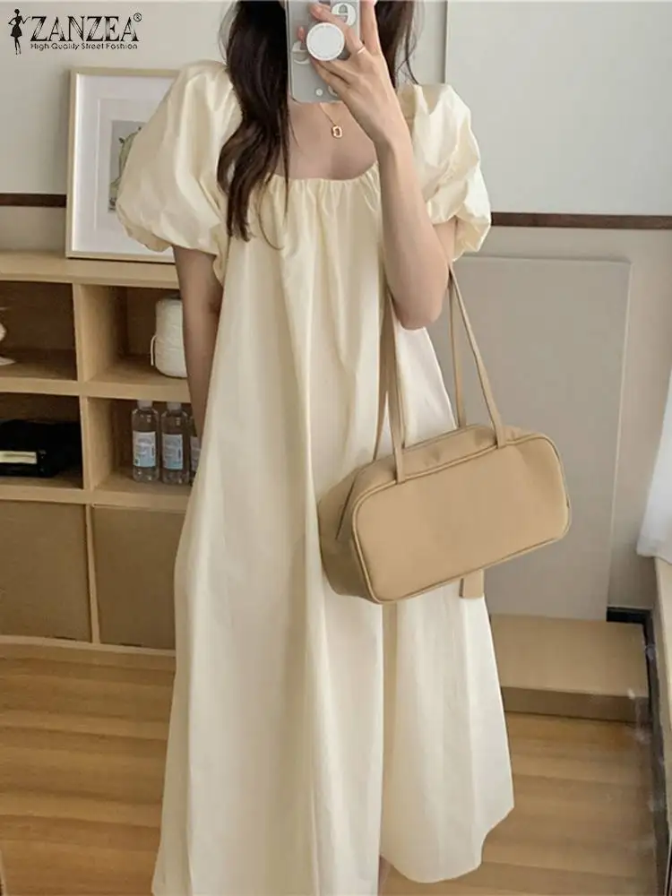 

Korean Fashion Sundress ZANZEA Summer Elegant Short Puff Sleeve Sundress Women Solid Holiday Vestido Casual Loose Robe Femme