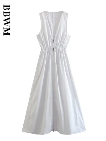 Women Dresses 2023 Summer Zipper Decorate Dress V Neck Vintage Sleeveless Midi Dress Elastic waist Chic Female Party Dresses