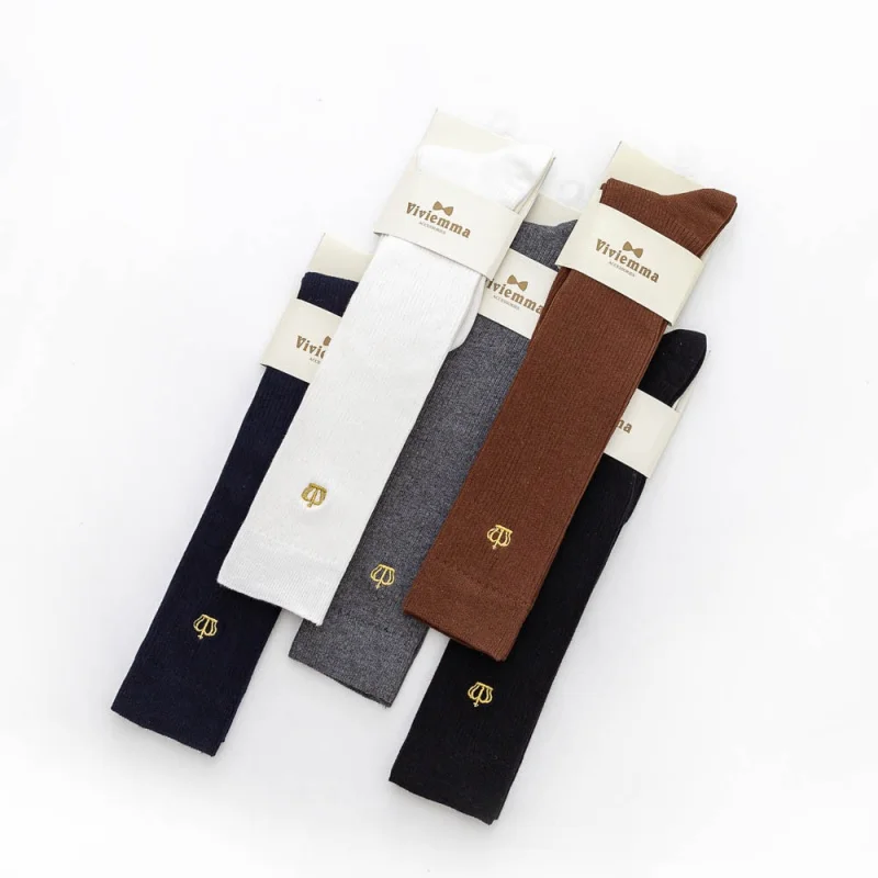 Long Tube Knee Length Socks Japanese Thigh High Socks Cotton JK Calf Socks Crown Embroidery Tube Socks Vintage Students' Socks L