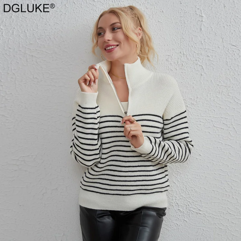 

Half Zip Polo Sweater Woman Oversized Striped Sweater Pullover Knitted Coat Winter Autumn Vintage Knitwear