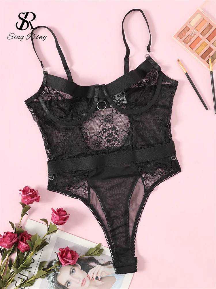 Женское кружевное Сетчатое сексуальное боди SINGREINY на бретельках с открытой
