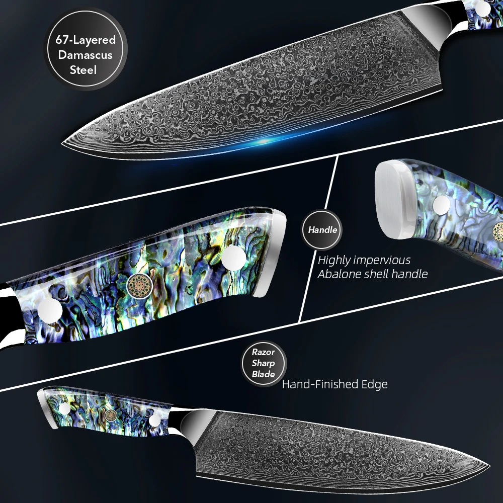 Нож Damascus Chef Japanes VG10 из 67-слойной стали Cleaver Paring Bread с долговечной острыми лезвиями и рукояткой из морской ушной раковины в подарочной кухонной упаковке.