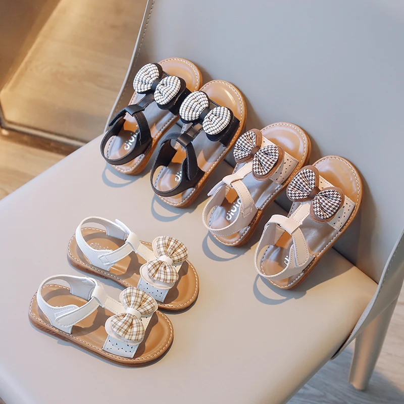 

Girls Simple Korean Style Houndstooth Bow 2023 Summer New Flat Non-slip Kids Sandals Cute Open Toe Breathable Kids Casual Shoes