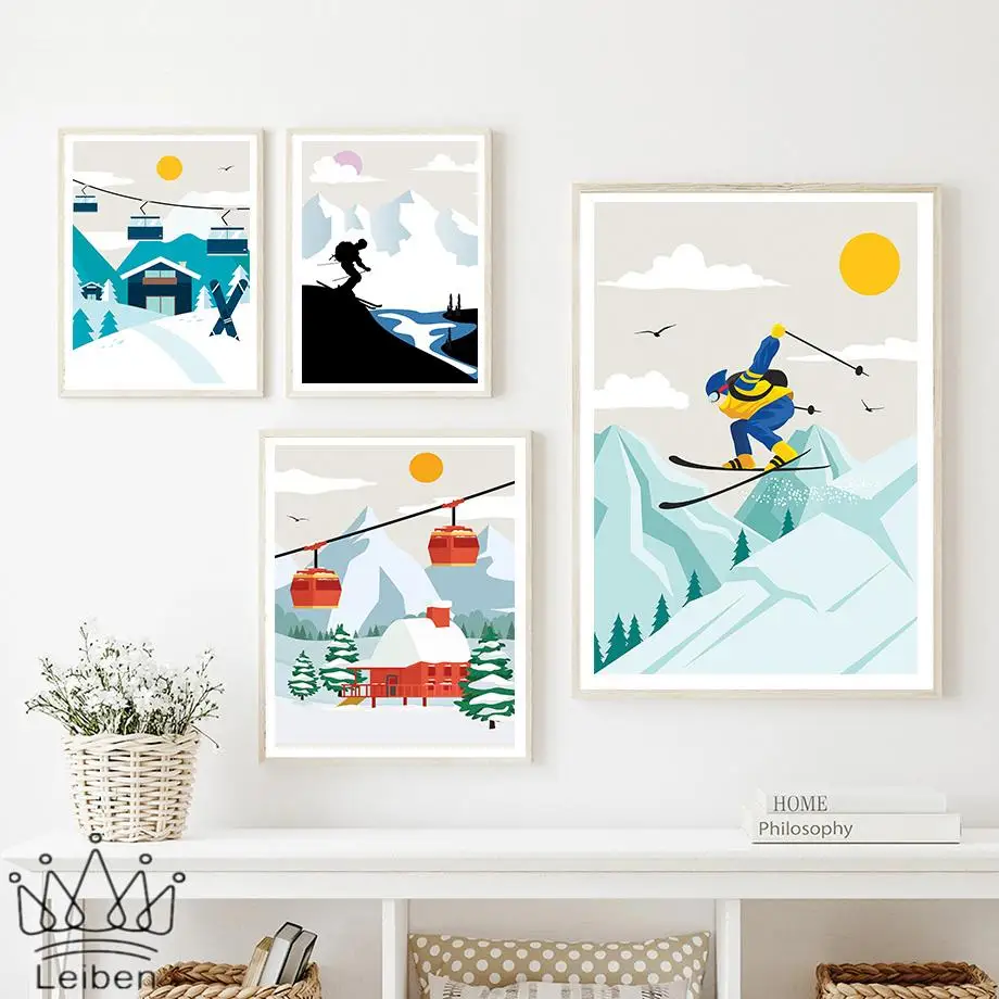 

Modern Minimalist Winter Landscape Canvas Painting Cartoon Ski Snowboard Snow Mountain Wall Art Poster Home Decor Living Room