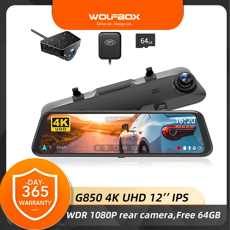 WOLFBOX G850 4K Mirror Dash Cam 12'' Mirror Dash Cam Front and Rear 1080P Rear View Mirror Camera Dual Dash Camera for Cars