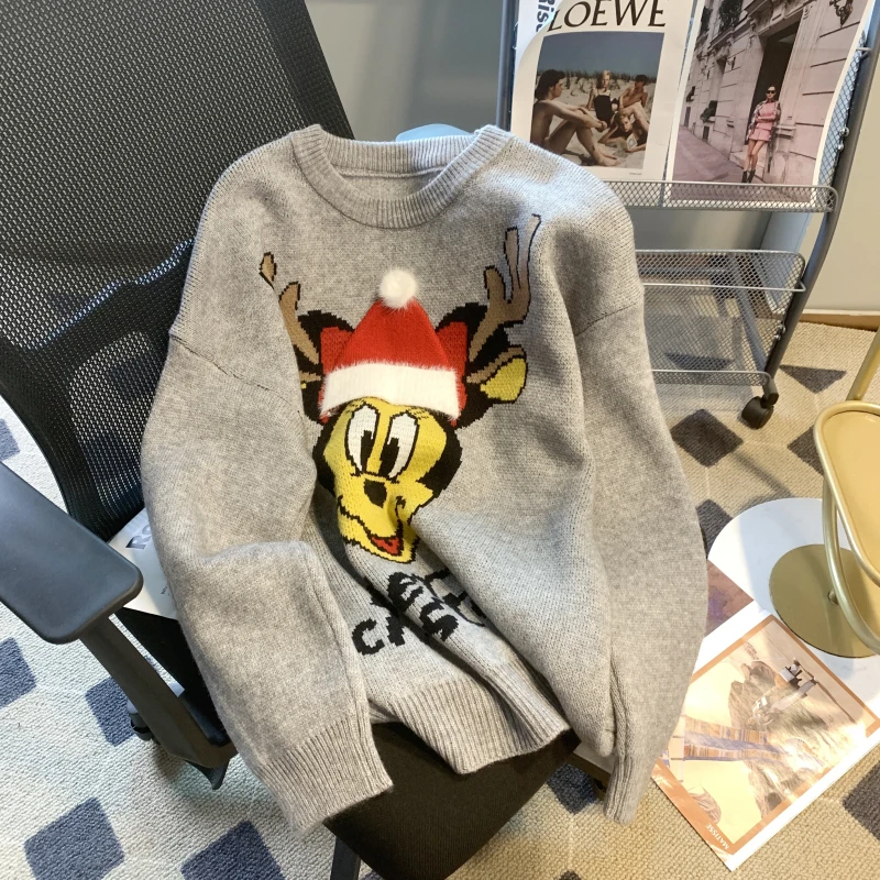 

Fall Winter Christmas Embroidery Cartoon Knit Loose Sweater 2023 New Year's Women Clothes Long Sleeve Pullover Thick Warm Tops