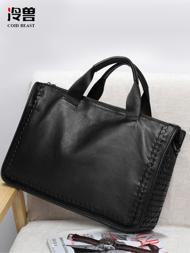 Woven Sheepskin Men's Handbag Leather Business Men Bag Casual Soft Leather One-Shoulder Crossbody Briefcase Bag