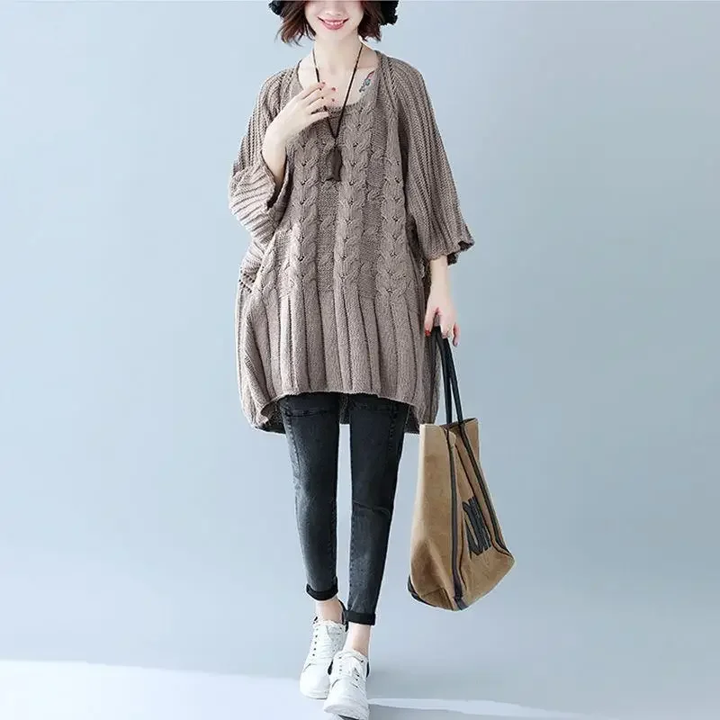 Женский осенний свитер больших размеров с круглым вырезом топ 300 кг очень большой