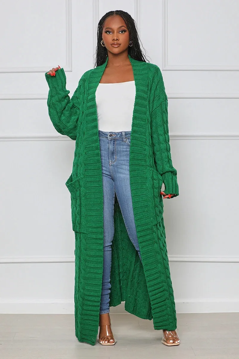 

Women Knit Ribbed Hemp Flower Long Sleeve with Pocket Open Stitch Maxi Slim Cardigan Sweater Winter Autumn 2022 Outcoat