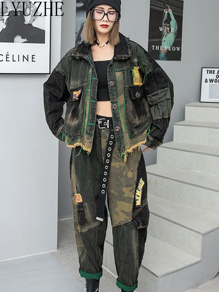 

Женский джинсовый костюм LYUZHE, модель ZXF026 из двух предметов, джинсовая куртка в стиле пэчворк и брюки-султанки, весна-осень 2023