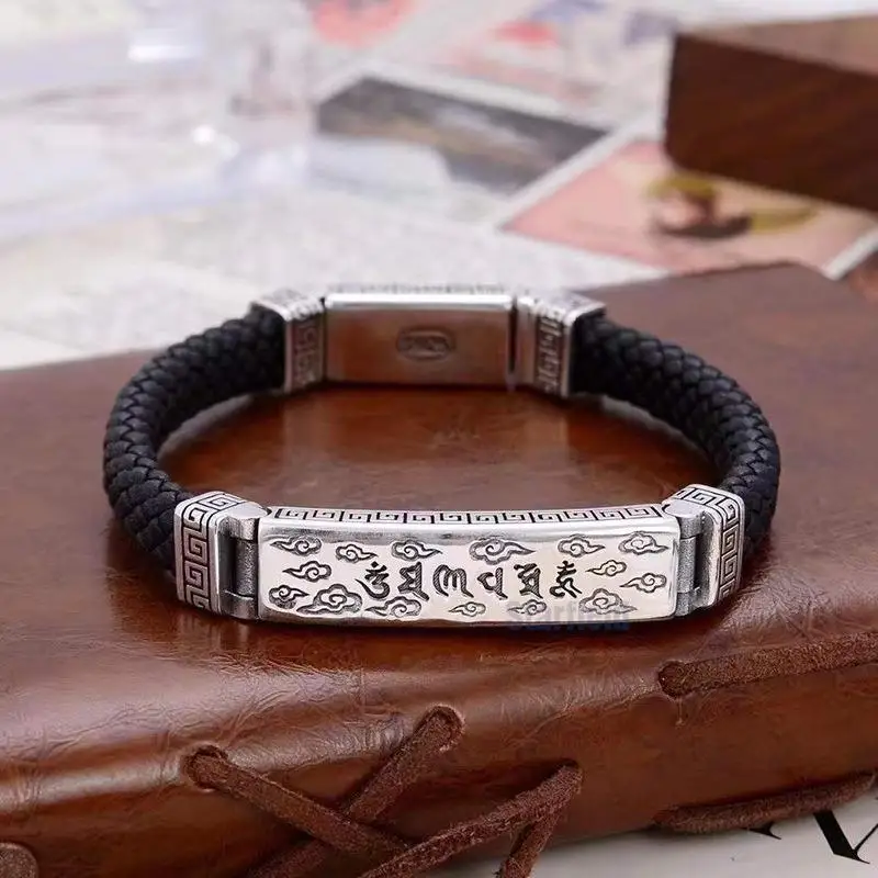 

S925 pure silver restoring ancient personality six words leather bracelet fashion woven men's bracelet joker adorn article