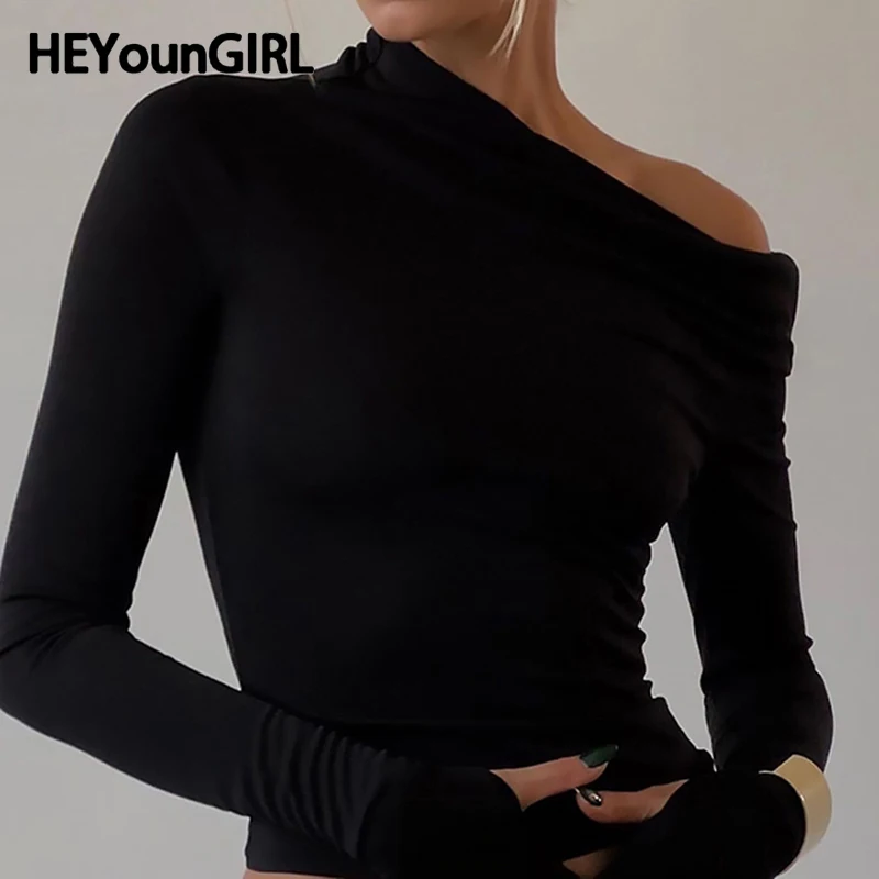 

HEYounGIRL Black Skew Collar Lady Crop Top Fashion High Street Long Sleeve T-shirt Minimalist Fitted Sexy Women Tees Clubwear