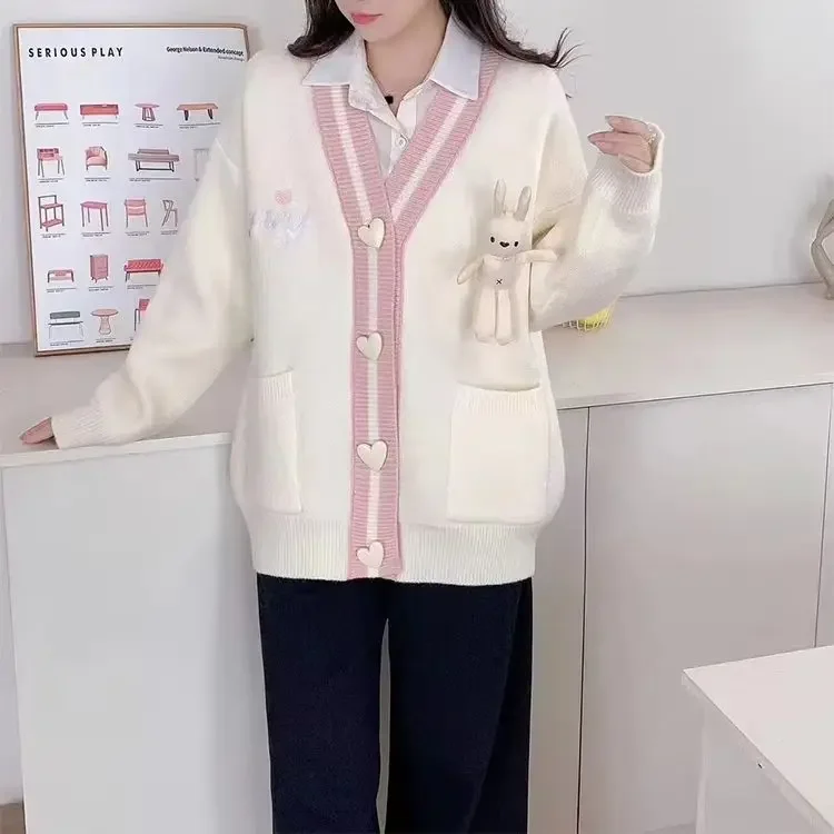 Женский кардиган с белым кроликом свитер v-образным вырезом Harajuku Y2k вязаный
