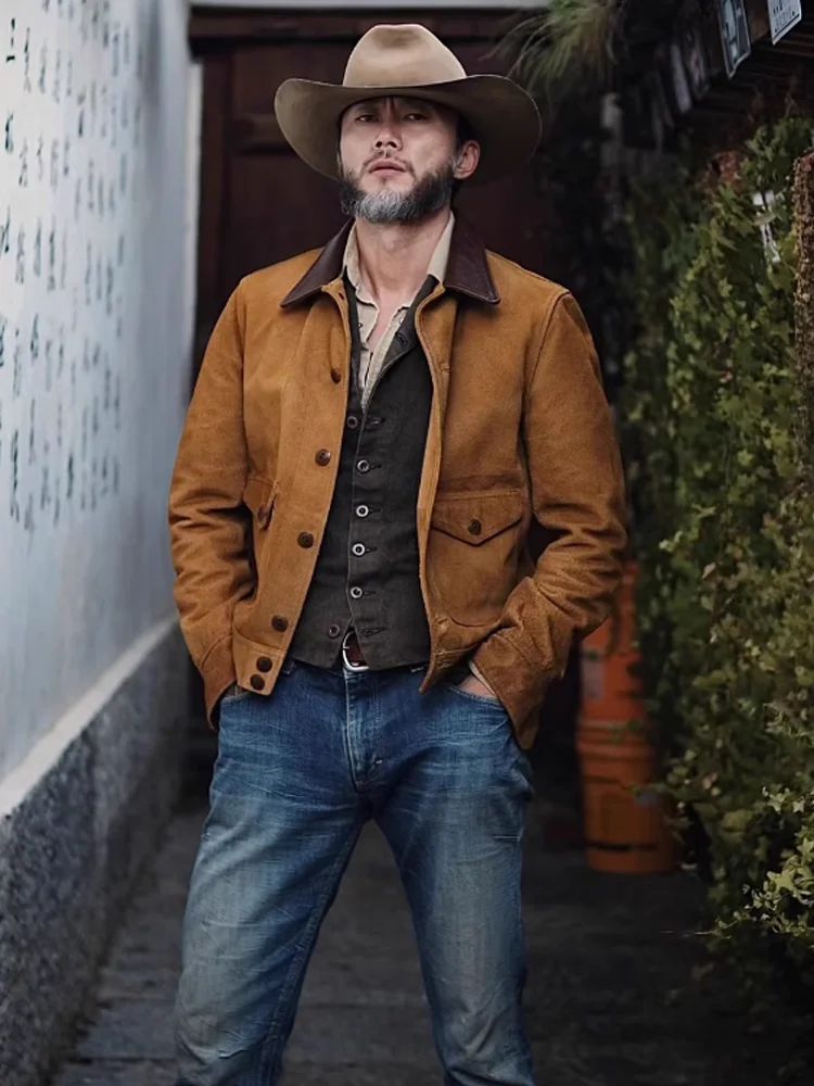 Мужская весенне-осенняя куртка из натуральной коровьей замши винтажная