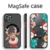 merry christmas deer snowman phone case transparent magsafe magnetic magnet for iphone 13 12 11 pro max mini wireless charging