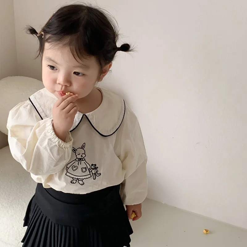 

New Spring Girls cartoon Embroidery Blouses Baby girl cute Turm-down collar Shirt Kids Tops