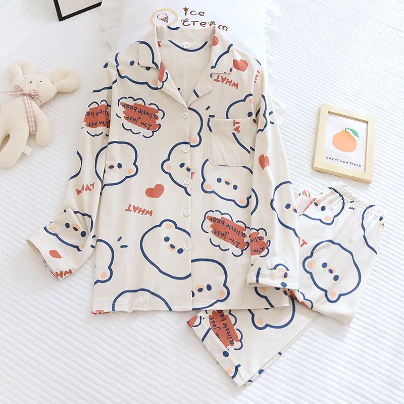 

New Pajamas for Women's Cotton Long-sleeved Pyjamas Set Loose Ladies Home Wear Cute Print Casual Sleepwear Loungewear Women