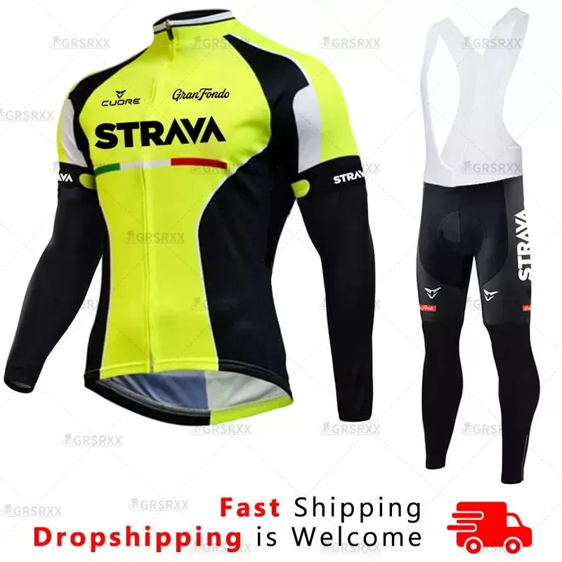 

2019 Strava Men's Cycling Jersey Long sleeve set MTB Bike Clothing Maillot Ropa Ciclismo Hombre Bicycle Wear 19D GEL bib pantse