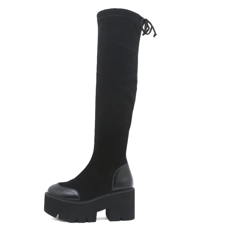 Fashion Knee High Boots for Women Chunky Platform Heel Thigh High Boots Slip On Stretch Boot Female Autumn Winter Shoes Size 43