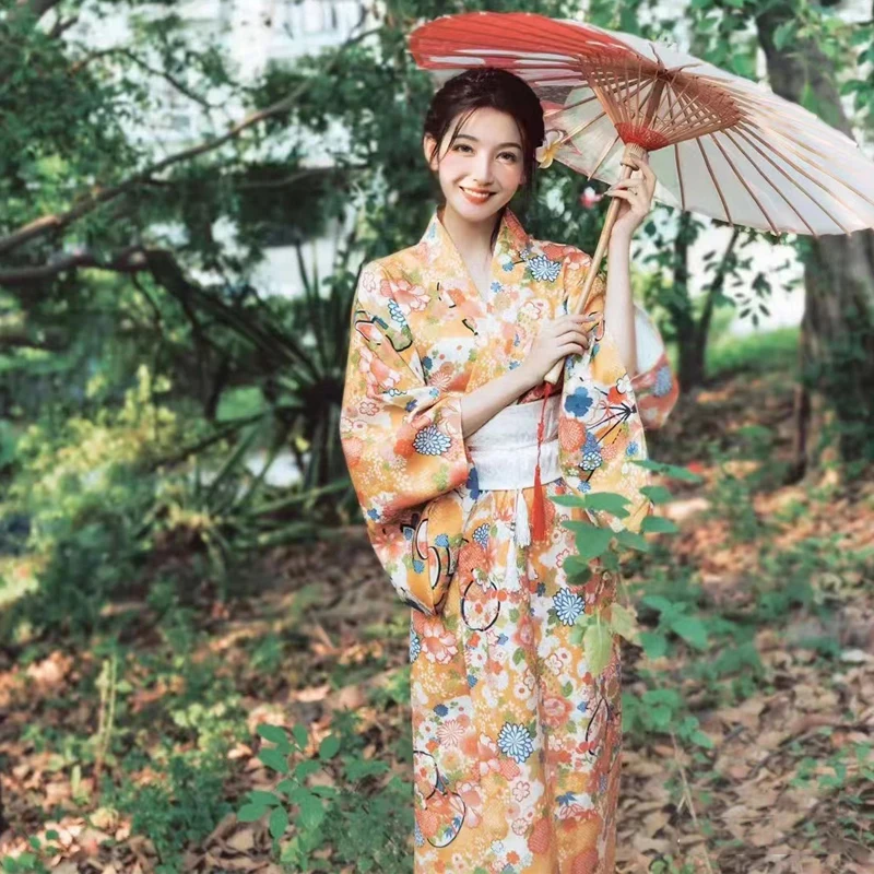 Японское кимоно для женщин оранжевый банный халат с цветочным принтом горячая