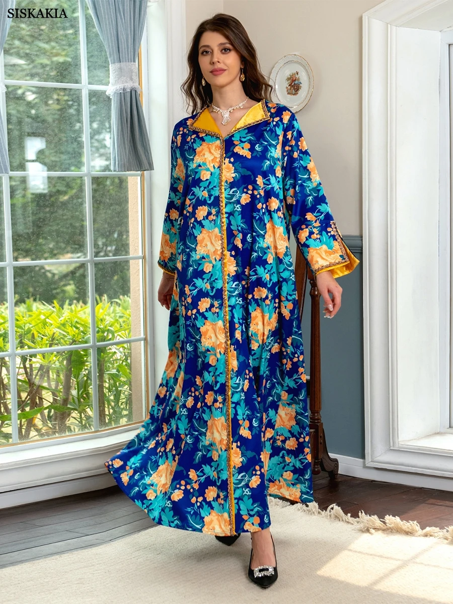 

Женское длинное платье-Кафтан Abaya, Элегантное повседневное атласное платье с цветочным принтом и темно-синим воротником, в вечерние стиле