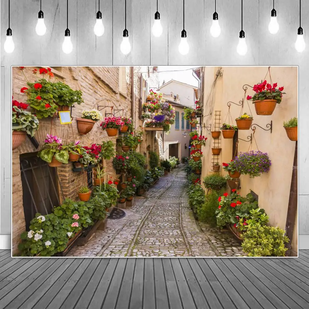 

Rural Town Flowers Street Photography Backdrops Spring Potted Village Alley Corridor Photographic Backgrounds Portrait Props