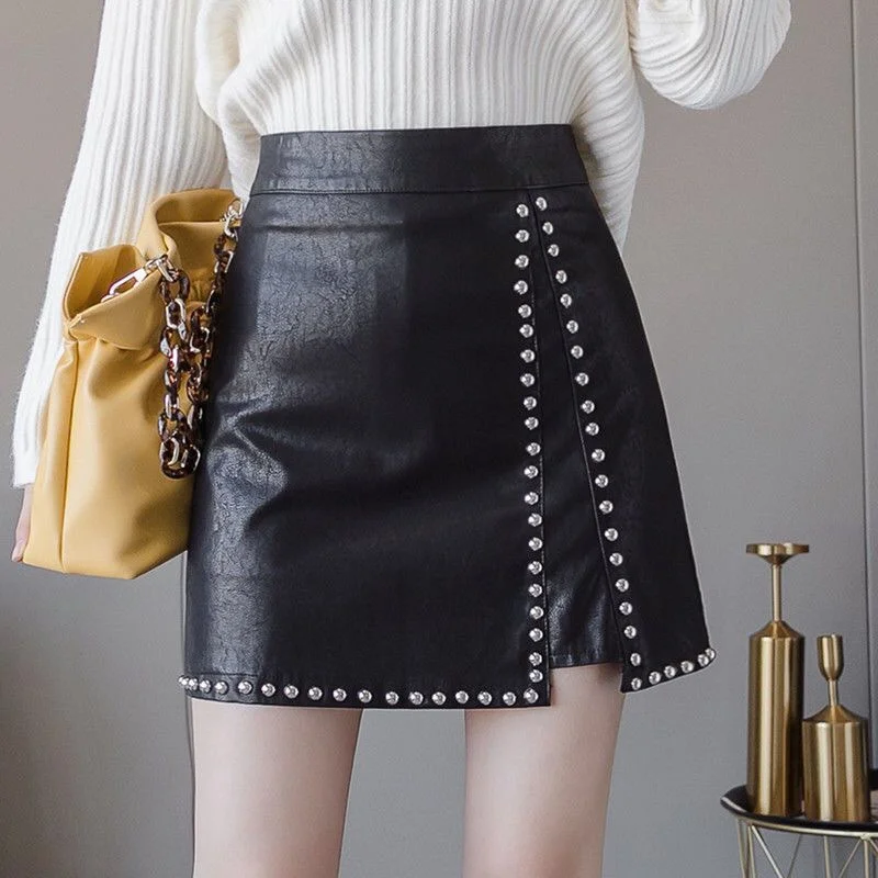 

Black Leather Skirts for Women High Waisted Bodycon Mini Basic Short Pencil Bodycon Faux Leather Rivet Sexy Slit Skirt Faldas