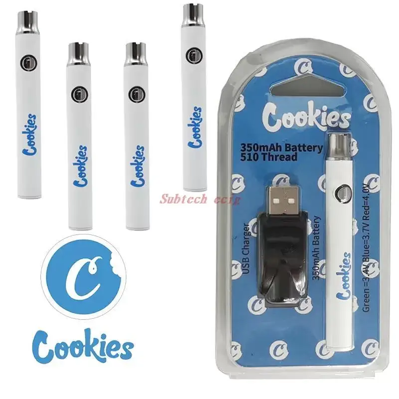 

10pcs Cookies Vape Battery 510 Thread Batteries Charger Kits Preheating Vapes Pen 350mah VV Variable Voltage Adjustable Battery